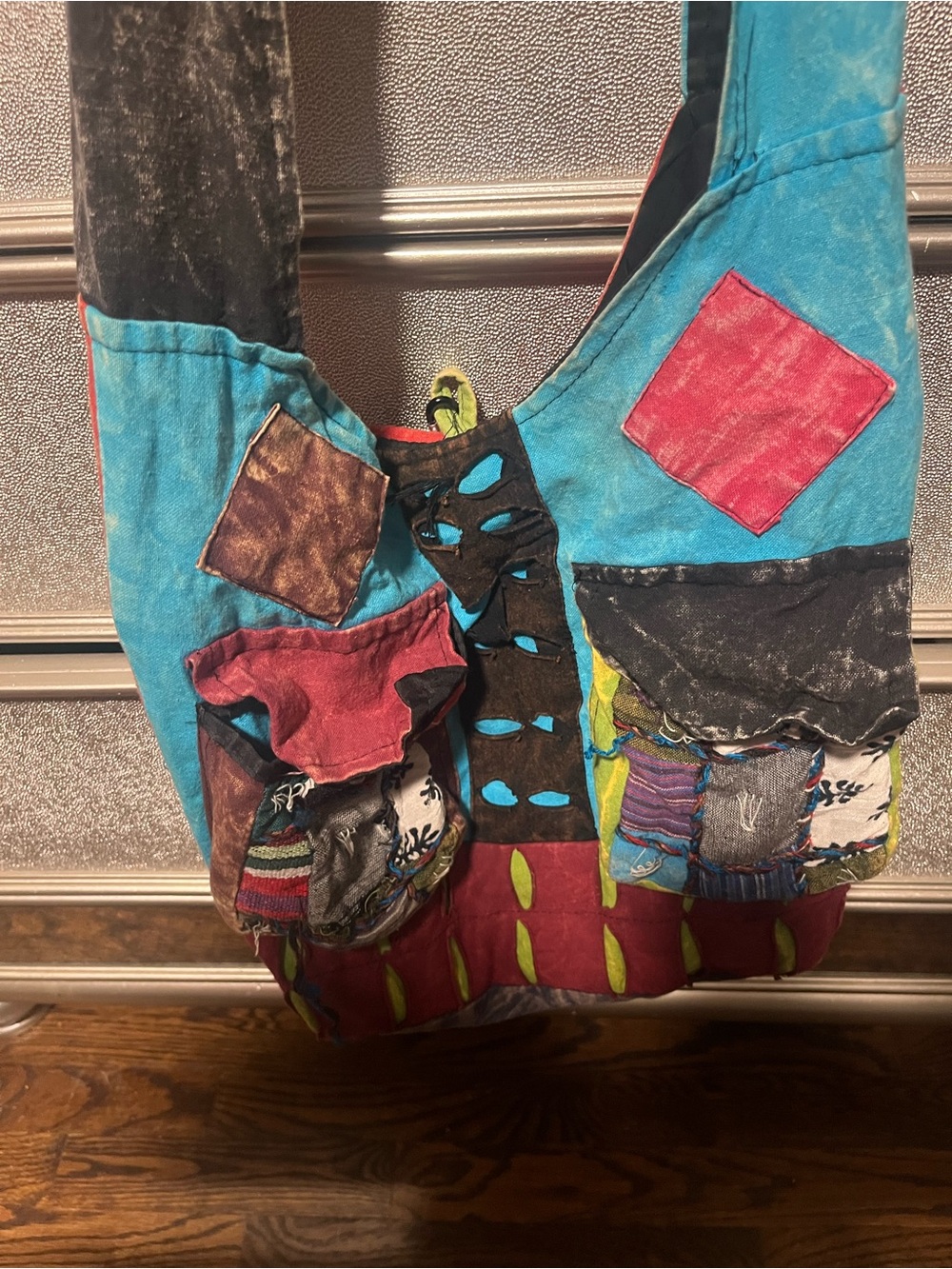 Colorblock Boho Patchwork Satchel in Turquoise and Red Distressed 100% cotton